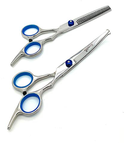 Gravitis Pet Supplies Professionelle Hundehaarschere mit Etui – gebogene Fellschere mit abgerundeter Sicherheitsspitze und Effilierschere, Blau, 2 Stück