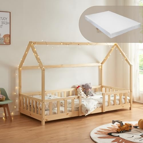 [en.casa] Cama para Niños de Madera Pino Sisimiut con Colchón Espuma Fría 90 x 200 cm Cama Infantil con Reja Protectora Somier Forma de Casita - Pino Natural
