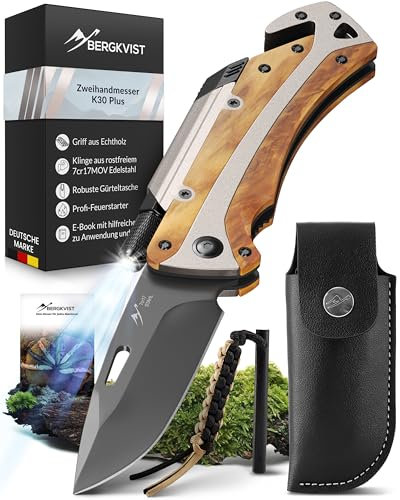 BERGKVIST® K30 Plus 5-in-1 Klappmesser (Zweihandmesser) - Outdoor Taschenmesser mit Glasbrecher, Gurtschneider, Feuerstahl & Taschenlampe - Mitführen in Deutschland erlaubt