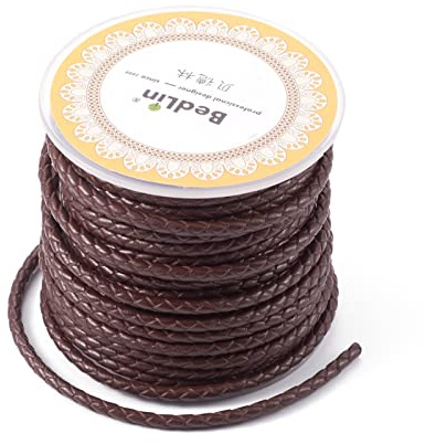 PandaHall - Cordón de piel auténtica trenzado redondo para hacer pulseras, collares y joyas, color marrón coco, 3 mm x 8 m
