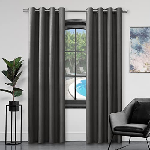 GC GAVENO CAVAILIA Faux Silk Eyelet Curtains For Living Room, 100% Polyester Ring Top Fully Lined Drapes, Charcoal, 66x90 Inch
