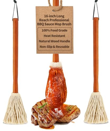 16 BBQ Sauce Basting Mops & Brushes for Roasting or Grilling, Apply Barbeque, Marinade or Glazing, Cotton Fiber Head and Hardwood Handle, Dish Mop Style, Perfect for Cooking or Cleaning - Pack of 3