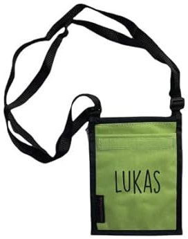 minimutz Brustbeutel mit Namen Bedruckt | personalisierbare Brusttasche 17x13 cm | zum Umhängen mit Klarsichtfenster für Schülerausweis Buskarte (grün)