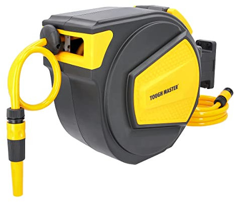 Garden Hose Reel Wall Mounted, 20m Automatic Retractable Tough Master UV Resistant Lightweight Plastic Bracket Reel with Carry Handle, for Car Wash, Outdoor Garden Use