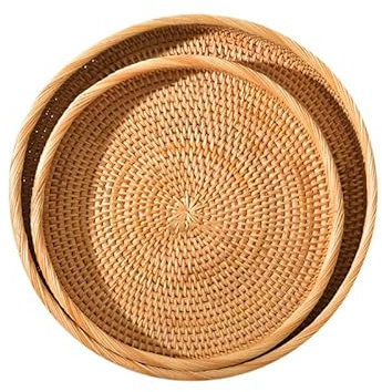 JAWSEU Panier de Rangement Rond en Rotin, Corbeille à Fruits Panier à Repas en Rotin Corbeille de Fruits en Osier Panier de Rangement en Rotin Tissé à La Main Corbeille à Pain Osier Plateau