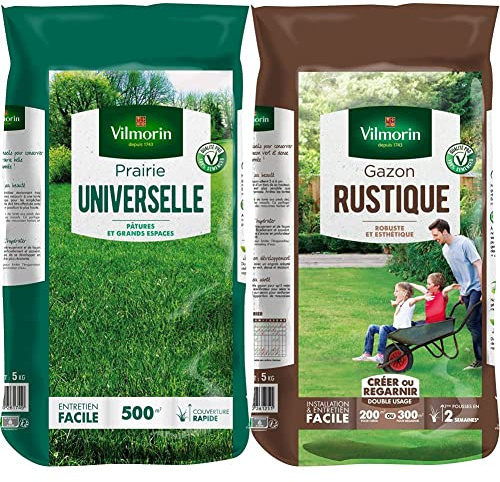 VILMORIN - Prairie Universelle - Pour pâtures et grands espaces - Idéale pour les animaux - Robuste -Entretien facile - Couverture rapide - 5 Kg = 500 m² de Prairie & 4460416 Gazon Rustique, Vert, 5kg