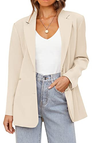 MEROKEETY Women's 2024 Fall Casual Blazers Long Sleeve Lapel Open Front Button Work Blazer Jackets with Pockets, Apricot, S