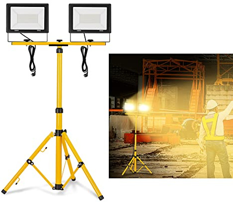 YRHome 2 * 100W LED Baustrahler Warmweiß mit Stativ Baustellen Strahler LED Fluter Floodlight Arbeitsscheinwerfer inkl. Netzkabel Wasserdicht IP66 für Baustelle Garten Garage