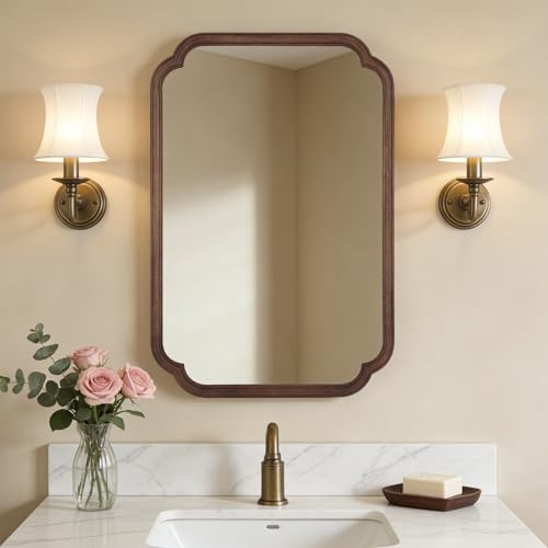 WallBeyond Wood Bathroom Mirror for Wall Mounted with Rounded Corner Wood Frame for Entryway, Living Room or Bedroom Home Decor Vertical or Horizontal Hanging [24 x 36 Walnut Color]