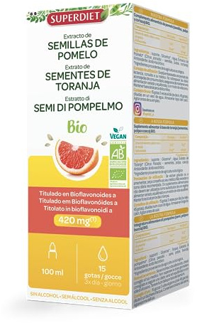 SUPERDIET - EXTRACTO DE SEMILLA DE PAMPLEMOSIS BIO - Titulado en flavonoides a 420MG -Vitalidad- Sin alcohol - Frasco cuentagotas de 100 ml