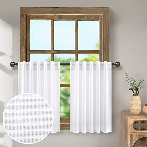 Pitalk White Kitchen Curtains Linen Tier Curtains 30 Inch Length Back Tab Loop Top Rod Pocket Boho Farmhouse Cafe Curtain Semi Sheer Short Curtain for Small Window Living Room Bedroom 2 Panels 36x30