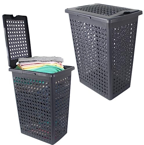 48L Grey Plastic Slimline Bathroom Washing Basket Laundry Linen Hamper Storage Clothes Bin Hinged Lid Rattan Style