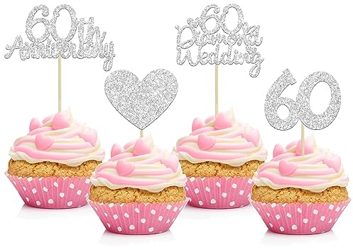 Gyufise 24Pcs Silver Glitter Diamond Wedding Anniversary Heart Cupcake Toppers for 60th Celebration Party Supplies and Cake Decoration