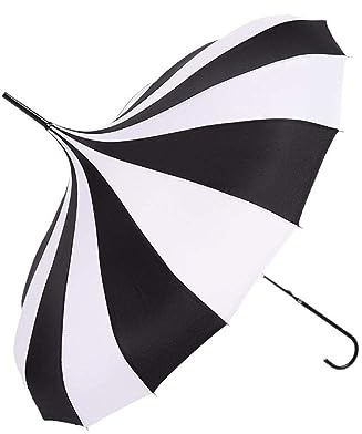 fikujap Schwarz-weiß gestreifter Pagodenschirm 16 Reihen gerader Regenschirme mit langem Griff, kreativer winddichter Regenschirm 84cm,Schwarz