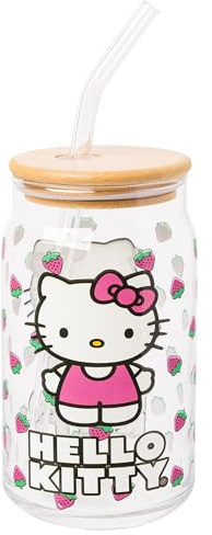 Silver Buffalo Sanrio Hello Kitty Strawberry Glass Jar Tumbler with Bamboo Lid and Glass Straw, 16 Ounces