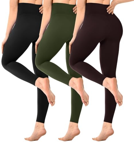 SINOPHANT 3-pack leggings dam hög midja, ogenomskinliga svarta leggings för gym yoga sport, 3-pack svart/armé grön/brun, L/XL