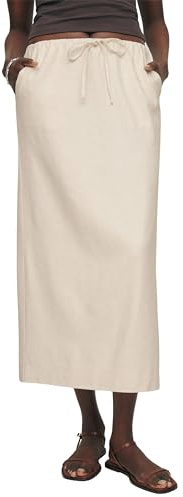 IDEALSANXUN Gonne Lunghe da Donna in Cotone e Lino, alla Moda, con Coulisse in Vita, con Spacco, Beige, M