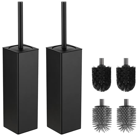 BVL WC Bürsten & Halter Schwarz, 2 Stück Metall Toilettenbürste Inklusive 4 Bürstenköpfe, Freistehende Quadratisch Silikon Toilettenbürste für das Badezimmer