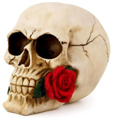 Wynameleri large Rose Flower skull Human Head Size, mexican ceramic skull red rose, gothic skull ornaments home decorative home accessories beige resin skeleton14.5 * 20.6 * 15.5cm