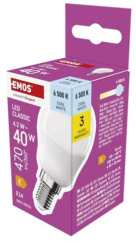 EMOS LED Lampe Mini Globe, 4,2W Ersatz für 40W Glühbirne, kleine Birne mit E14 Sockel, Helligkeit 470 lm, Kaltweiß 6500 K, 30000 h Lebensdauer, CRI min. 80, 150° Abstrahlwinkel