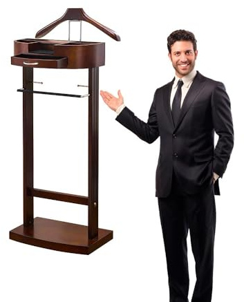 Qcesorib Solid Wood Valet Stand with Tray, Clothes Valet Stand with Base and Pants Bracket, Freestanding Suit Hanger with Curved Wide Shoulder Hanger, for Men's or Women's Clothes