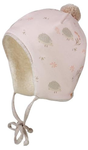maximo GOTS Baby-Mütze, Jersey bedr. Bindeband, Pompon, Teddyfutter Made in Germany 39 blassrosa-Igel