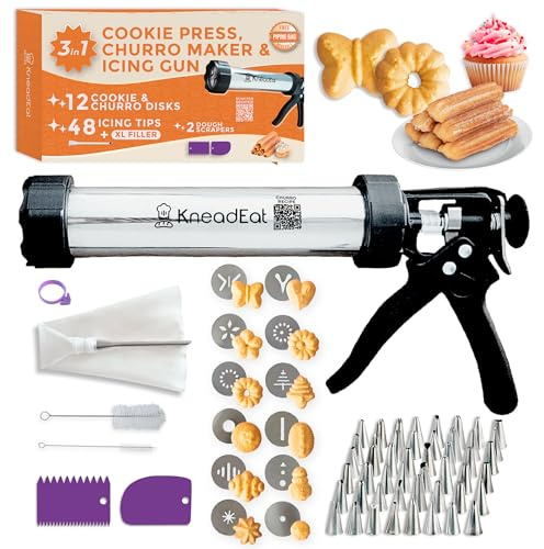 KneadEat Premium 68pc Churro Maker - Spritz Cookie Press Gun Kit - Icing Gun. 12 Cookie and Churro Discs. 48 Icing Tips. XL Filler. Piping Bag. Brushes. For Churros, Cookies and Cake Decorating.
