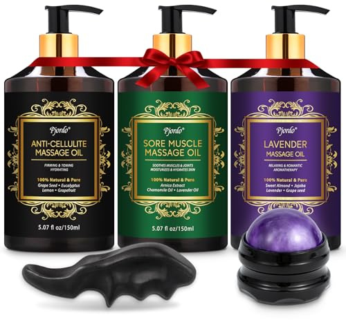 Pjordo 3 Pack Massage Oil for Massage Therapy, Lavender Oil for Relaxation, Sore Muscle Arnica Oil & Cellulite Massage Oil, with Massage Roller Ball & Thumb Saver Tool, Mothers Day Gifts for Wife