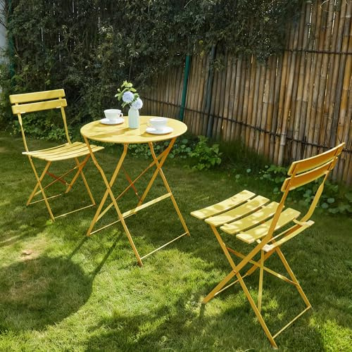 RELAX FIELD Lot de 3 meubles de jardin de balcon, résistants aux intempéries, pour petit balcon, table de bistrot avec 2 chaises, pliable, jaune