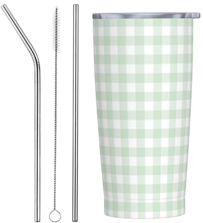 Bicchiere da 20 once con coperchio e cannuccia, verde chiaro bianco a scacchi isolati Tumbler in acciaio inox, tazza da caffè personalizzata bottiglia d'acqua da viaggio