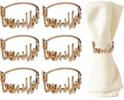 Serviettenringe, 6 Stück Serviettenringe Set, Metall Serviettenringe mit Buchstaben, Napkin Rings für Eid Mubarak, Bankett, Party (KC-Gold, 4cm)