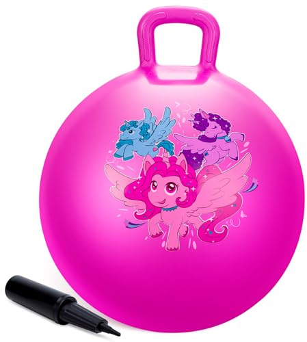INPODAK Einhorn Hüpfball 45cm Hüpfball für Kinder von 3-8 Jahren rutschfest Springball mit Griff Aufblasbarer Hopper Ball mit Pumpe Hüpfbälle für Mädchen Jungen Drinnen Draußen Hüpfspielzeug