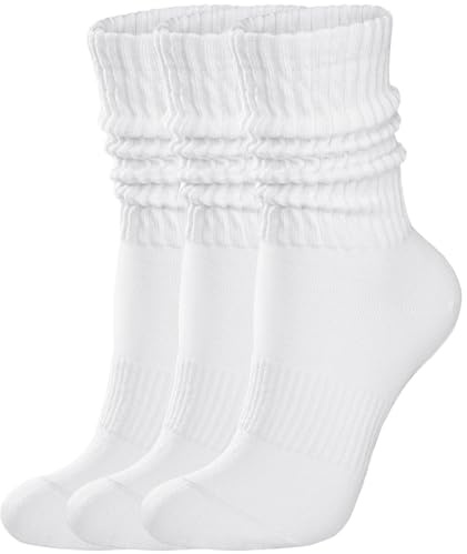 COZYOFFI Womens Scrunch Crew Socks: Retro Solid Slouch Mid Calf Socks - Cotton Casual Athletic Socks White