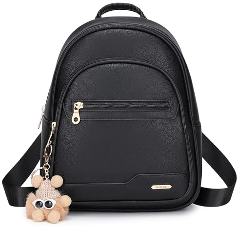 BAGOK Mini Rucksack Damen Klein – Eleganter Kunstleder Rucksack mit Steppoptik, Plüschanhänger & Quaste – Für Frauen & Mädchen im Alltag & auf Reisen(Schwarz)