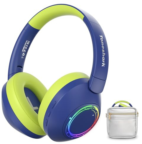 TONOSHARK Kopfhörer Kinder Bluetooth | Noise Cancelling Kopfhoerer Kinder | Bunte RGB LED Leuchte, 60h Spielzeit, Bluetooth 5.4, Headset Over Ear, Für Zuhause/Schule, Inkl. Kopfhörer Case (Blau-Grün)