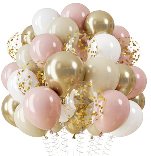 QIFU Pink and Gold Balloons, 12inch White Gold and Pink Balloons with Gold Confetti Balloon Birthday Balloon for Women Girls Birthday Decorations Wedding Engagement Baby Shower Bridal Shower Mothers
