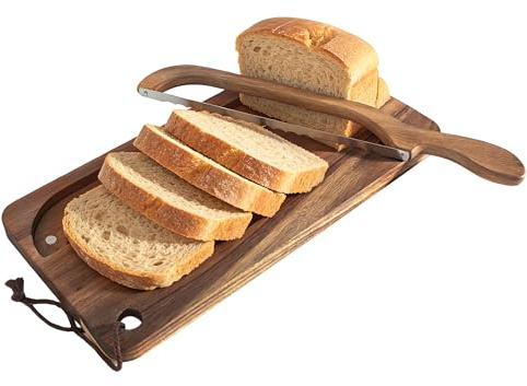THOUSAND SUNNY Sourdough Bread Slicer Set, Wooden Board Bread Board and Knife Set with Crumb Tray Magnetic Storage for Kitchen