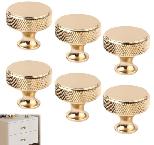 Azushwer 6Pcs Gold Drawer Knobs, Aluminum Alloy Cabinet Knobs, Round Knurled Wardrobe Door Knob, Modern Gold Cupboard Knob with Screws for Drawer Dresser, Kitchen, Furniture
