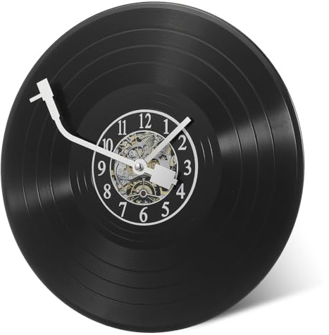 NUSITOU Reloj Pared Decorativo Estilo Disco Fonográfico, de Plástico Negro, Silencioso y Fácil de Instalar, Adecuado para Sala, Hogar y Oficina