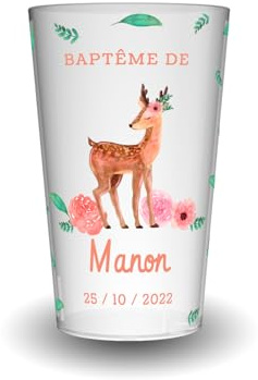 Wobz - Gobelet Personnalisé Baptême Faon - Impression Quadrichromie digitale - Translucide - Fabriqué En France - Prénom Et Date Personnalisables - 25 cl - Pack de 10, 25, 50, 100, 250 et 500