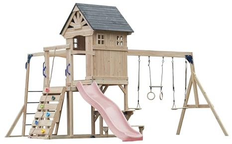 AXI Duncan Aire De Jeux en Bois, 2 Balançoires, 1 Toboggan - Rose Pastel | Maisonnette/Equipement De Jeux XXL pour Enfants avec Structure d'escalade, Barres Fixes Et Trapèze | pour Le Jardin