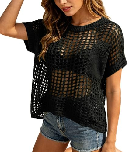 KBOPLEMQ Maglione estivo da donna con motivo traforato all'uncinetto, scollo rotondo, spalle scoperte, maglia a rete, maglia da spiaggia, stile boho, streetwear