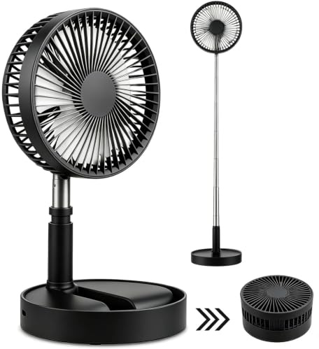 Ventilatore da terra portatile, 3 in 1, ricaricabile, pieghevole, batteria da 7200 mAh, ventilatore telescopico silenzioso a 4 velocità, per casa, camera da letto, campeggio, viaggi (nero)