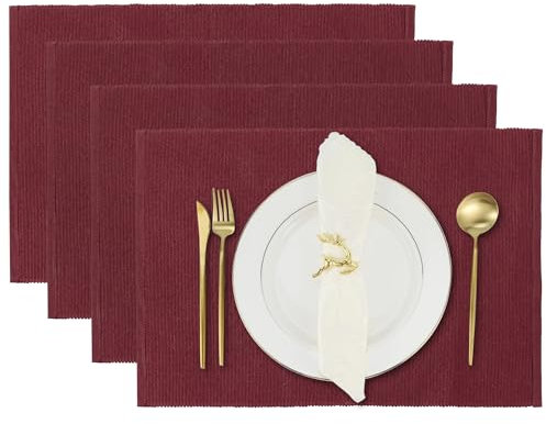Mantel Individual de Comedor Rectangular - Placemats de Algodon para Mesa de Cocina - Juego de 4 - Rojo Vino - 49 x 33 cm