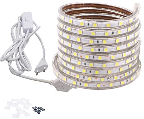 FOLGEMIR 2m Kalt Weiß LED Band mit Schalter, 220V 230V Lichtleiste, 60 Leds/m Strip, IP65 Lichtschlauch, milde Hintergrundbeleuchtung