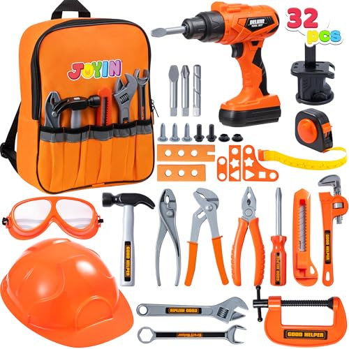 JOYIN Kids Tool Set 32 Pcs Kid Role Play Construction Toys with Backpack,Electric Drill,Helmet,Accessories for Cosntruction Pretend Play,Kid Toys,Christmas Birthday Gifts for Boys Age 3 4 5 6 7