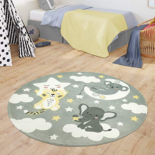 TT Home Teppich Kinderzimmer Kinderteppich Babymatte Koala Elefant Wolken Sterne Himmel Mond, Farbe:Grau, Größe:150 cm Rund