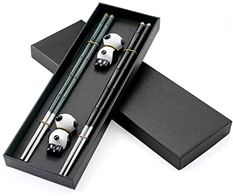 Hongyantech Glasfaser Edelstahl EssstäBchen 2 Paars mit 2 Panda Keramik Essstäbchen Auflagen,Sushi Stäbchen Chopsticks Wiederverwendbare EssstäBchen Waschbar FüR GeschirrspüLerc mit Geschenkbox