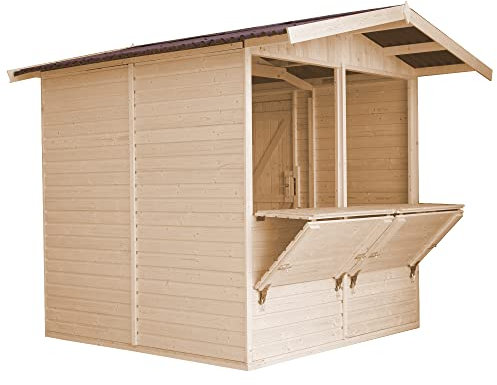 TIMBELA M149 Holz Gartenhaus, Marktbude Holz, Qualitäts Schiffslatten Kiefern Fichte Verkaufsstand Holzhaus mit Theke 200x200/4m2, große multifunktionale Garten-Bar Verkaufshütte Verkaufsstände