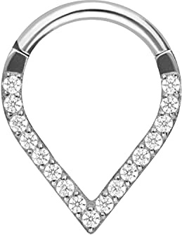 PIERCINGLINE Titan Clicker SPITZ + EINGEFASSTE KRISTALLE Ring Nase Septum Ohr Helix Silberfarben